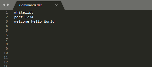 An example commands.dat file, setting the port, enabling the whitelist and setting a welcome message