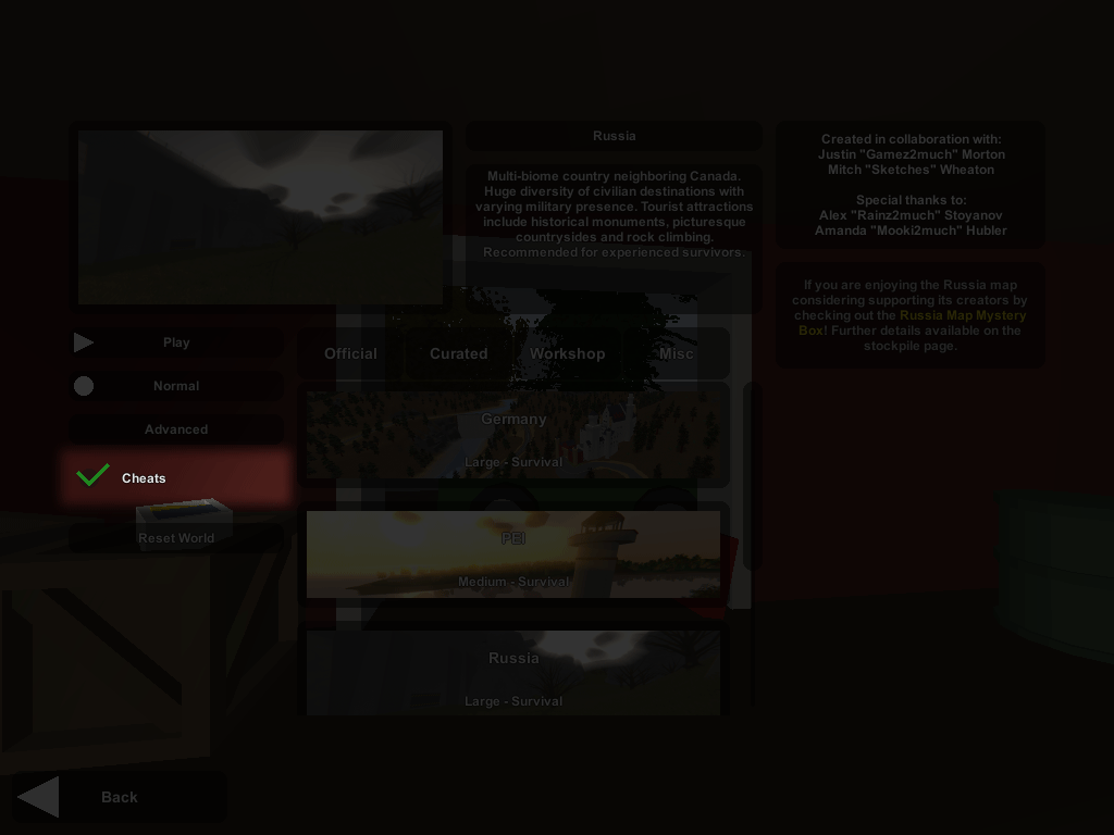 A screenshot of the Unturned singleplayer menu, with the enable cheats checkbox highlighted